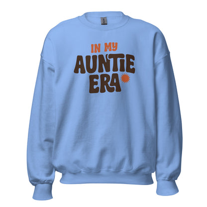 In My Auntie Era retro groovy aunt crewneck sweatshirt — Carolina Blue, front