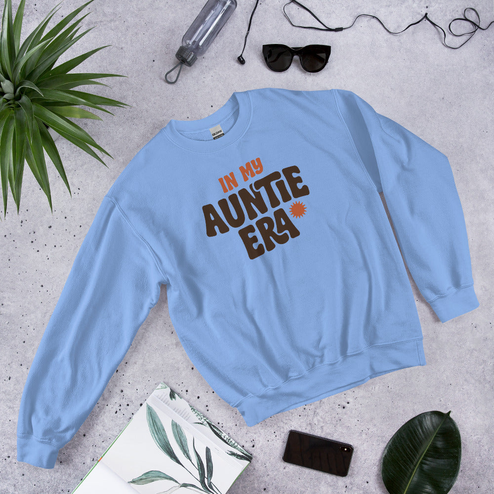 In My Auntie Era retro groovy aunt crewneck sweatshirt — Carolina Blue, front-right