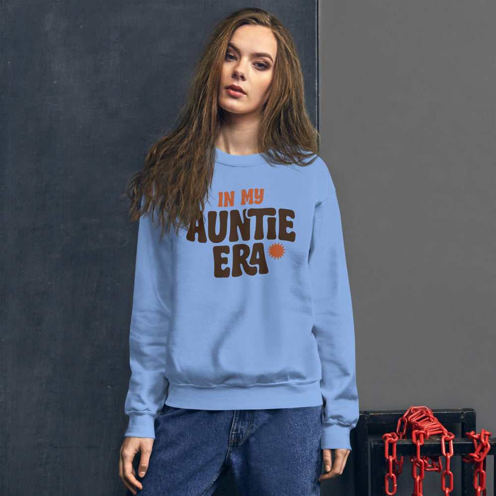 In My Auntie Era retro groovy aunt crewneck sweatshirt — Carolina Blue, on model
