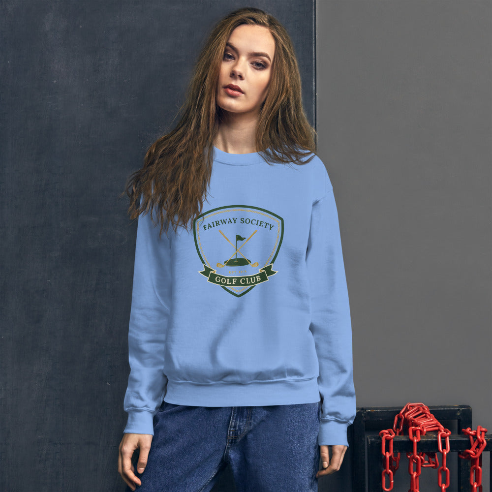 Fairway Society vintage golf club crest crewneck sweatshirt — Carolina Blue, on model