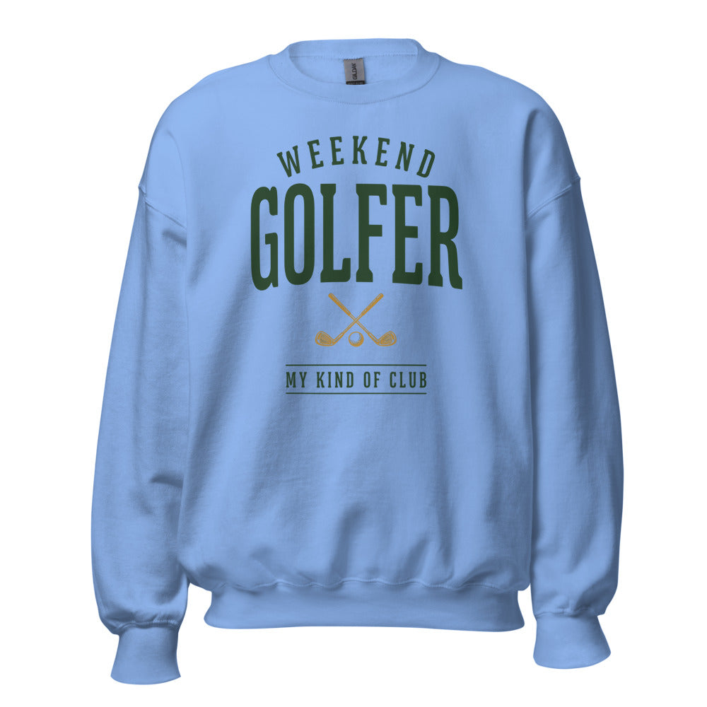 Weekend Golfer vintage golf wordmark crewneck sweatshirt — Carolina Blue, front