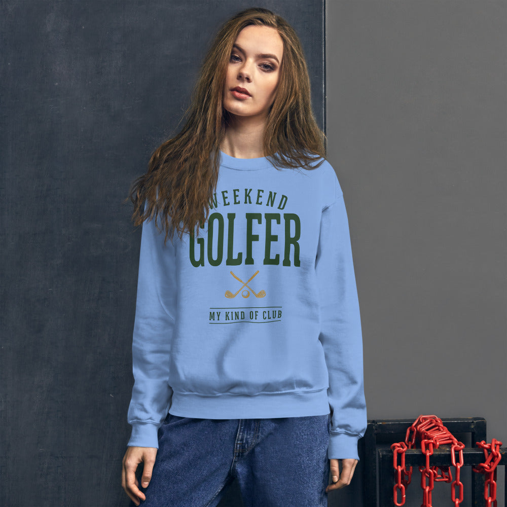 Weekend Golfer vintage golf wordmark crewneck sweatshirt — Carolina Blue, on model
