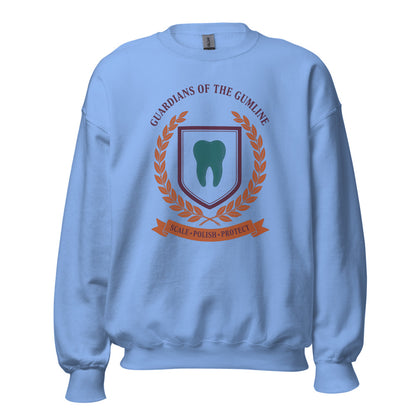 Guardians of the Gumline dental hygienist crewneck sweatshirt — Carolina Blue, front