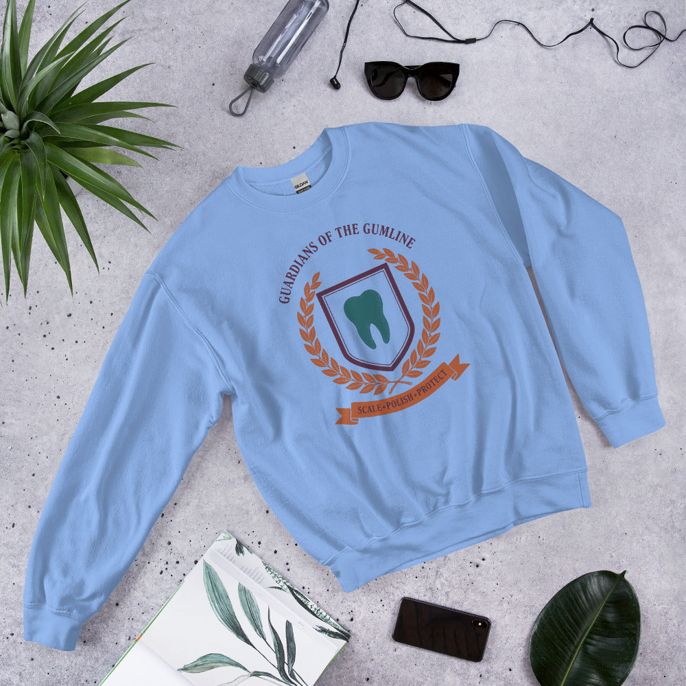 Guardians of the Gumline dental hygienist crewneck sweatshirt — Carolina Blue, front-right