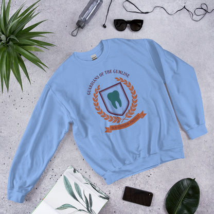 Guardians of the Gumline dental hygienist crewneck sweatshirt — Carolina Blue, front-right