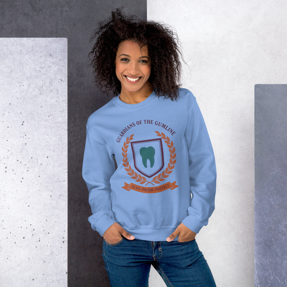 Guardians of the Gumline dental hygienist crewneck sweatshirt — Carolina Blue, on model