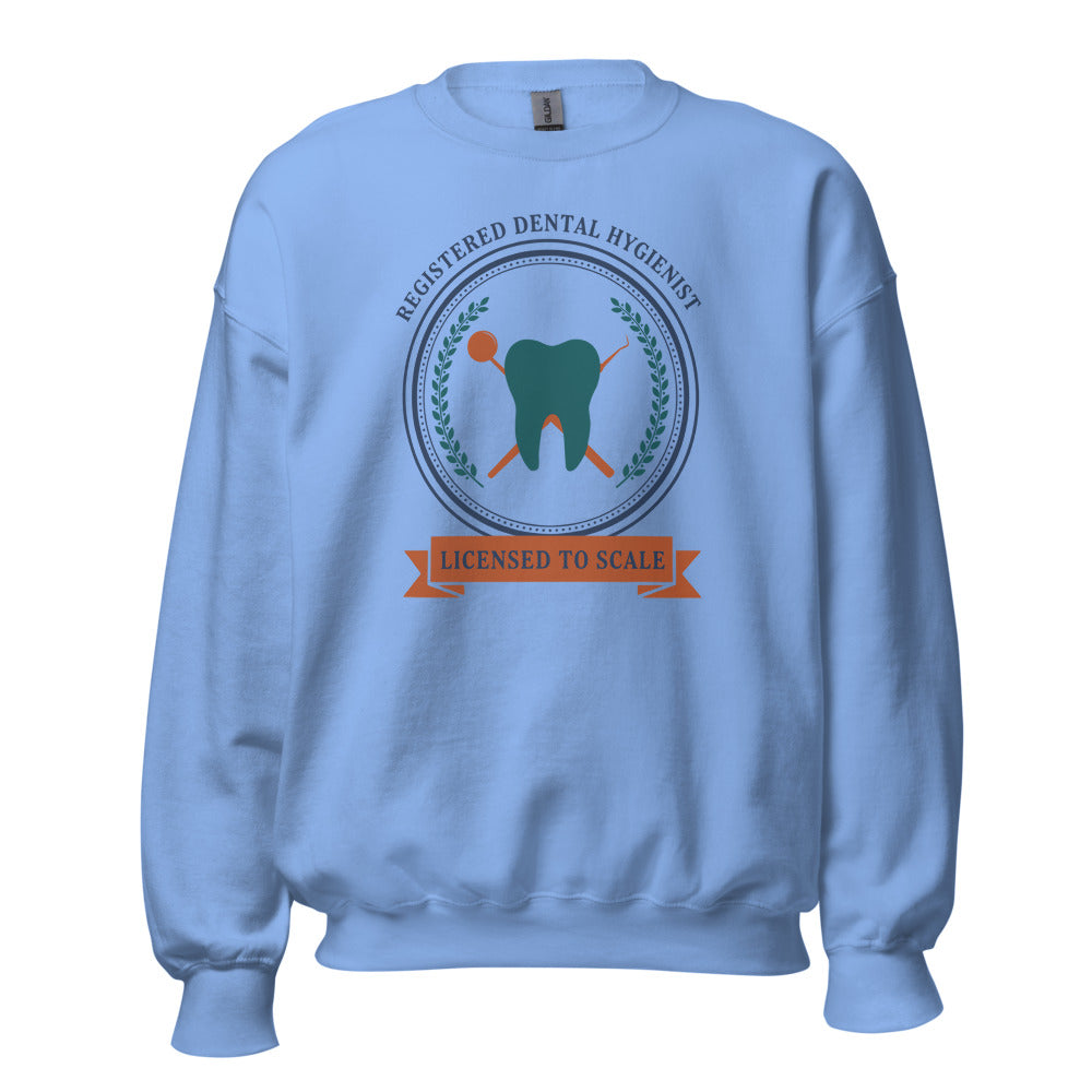 Licensed to Scale registered dental hygienist crewneck sweatshirt — Carolina Blue, front