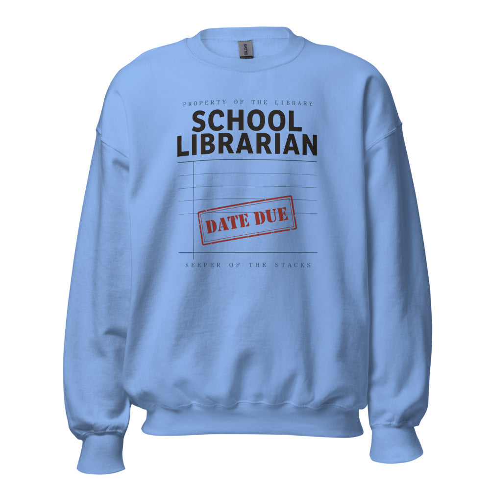Property of the School Library card catalog school librarian crewneck sweatshirt — Carolina Blue, front