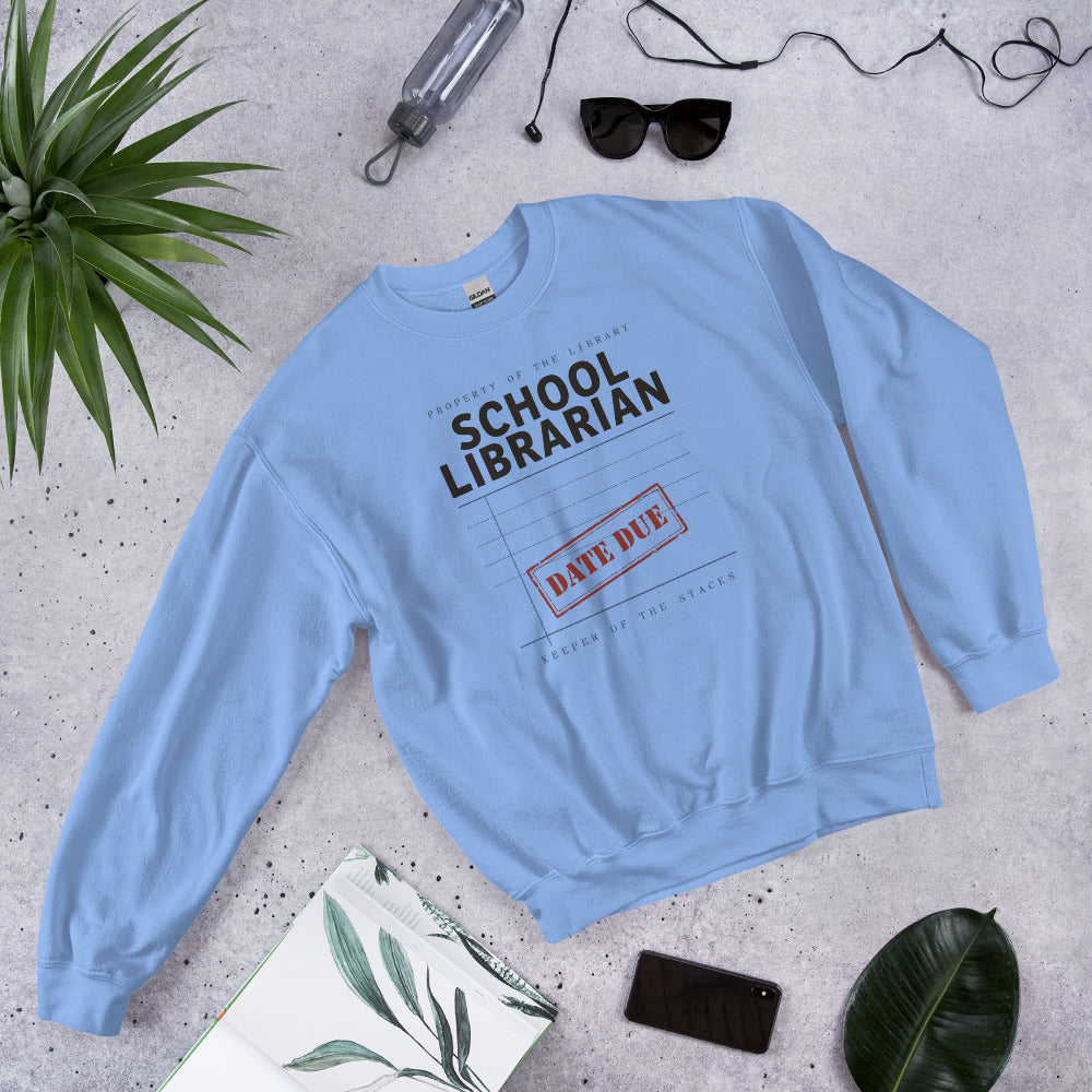 Property of the School Library card catalog school librarian crewneck sweatshirt — Carolina Blue, front-right