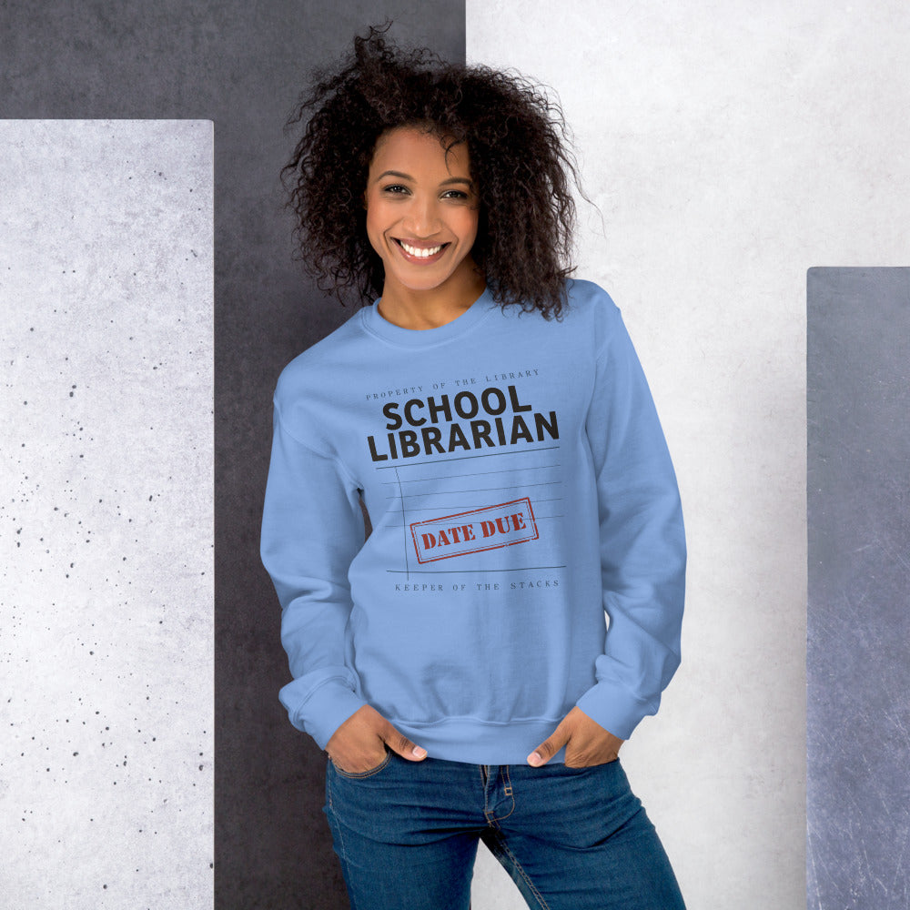 Property of the School Library card catalog school librarian crewneck sweatshirt — Carolina Blue, on model