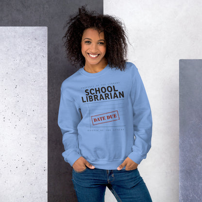 Property of the School Library card catalog school librarian crewneck sweatshirt — Carolina Blue, on model