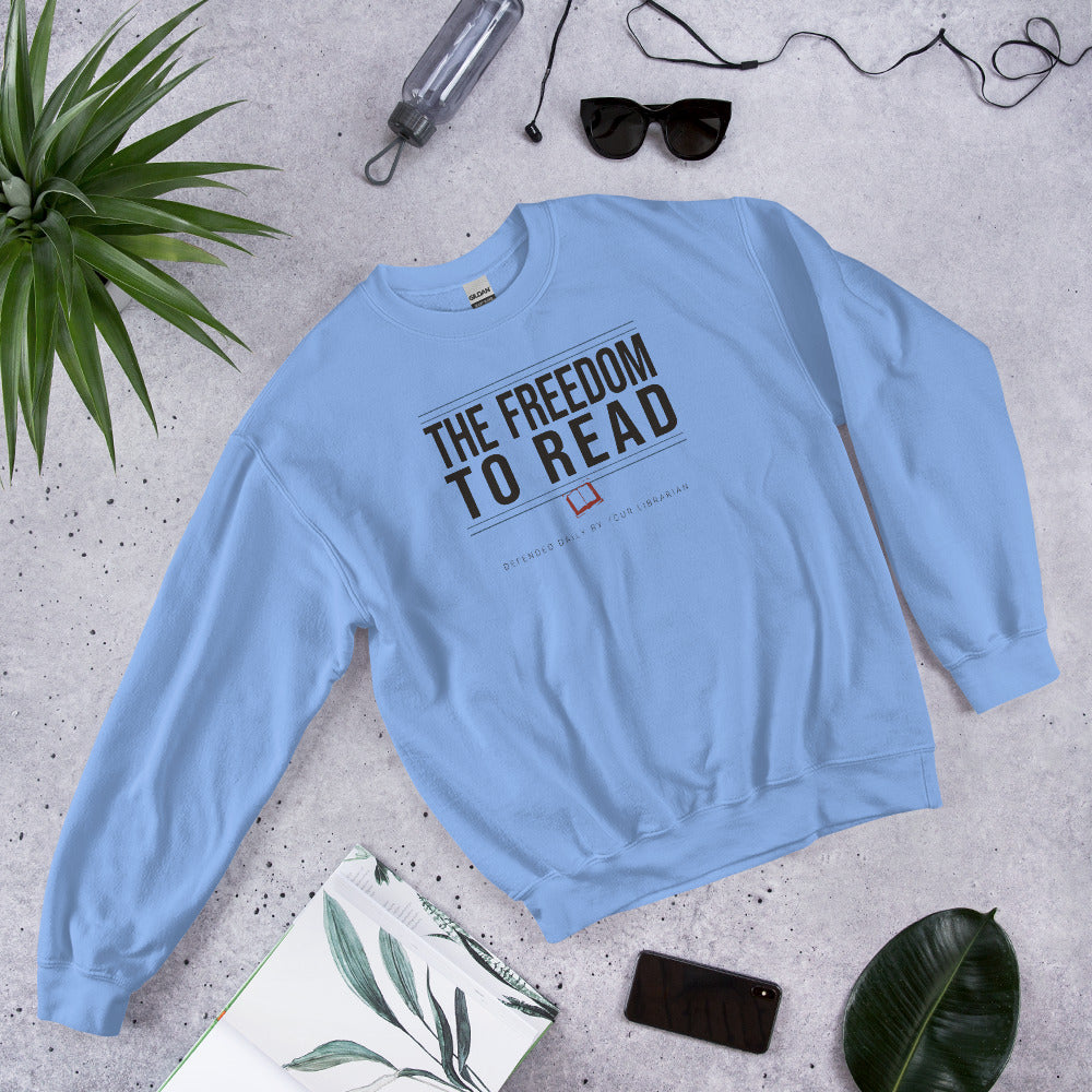 The Freedom to Read school librarian crewneck sweatshirt — Carolina Blue, front-right