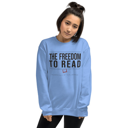 The Freedom to Read school librarian crewneck sweatshirt — Carolina Blue, on model