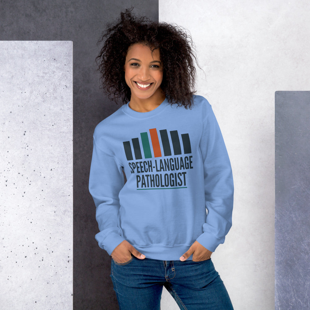 Mid-Century Clinic speech therapy crewneck sweatshirt — Carolina Blue, on model