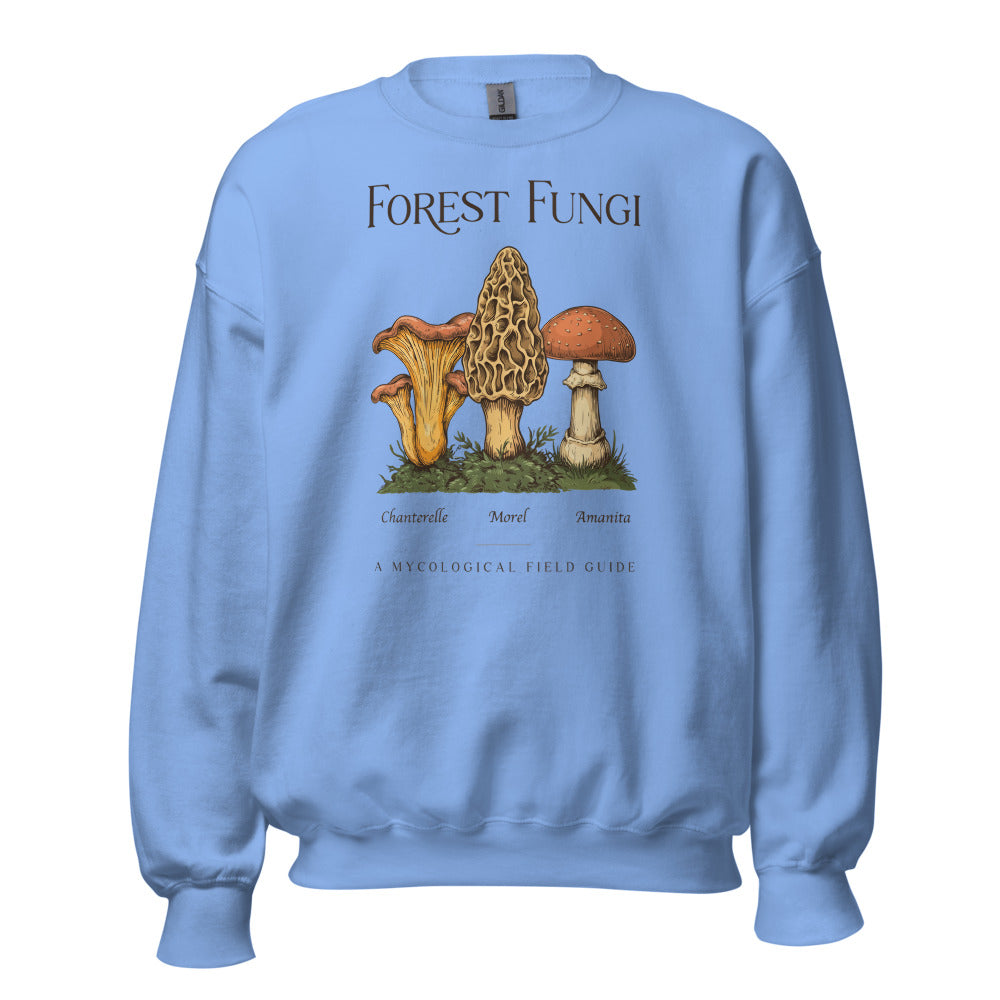 Forest Fungi vintage mushroom field guide crewneck — Carolina Blue, front