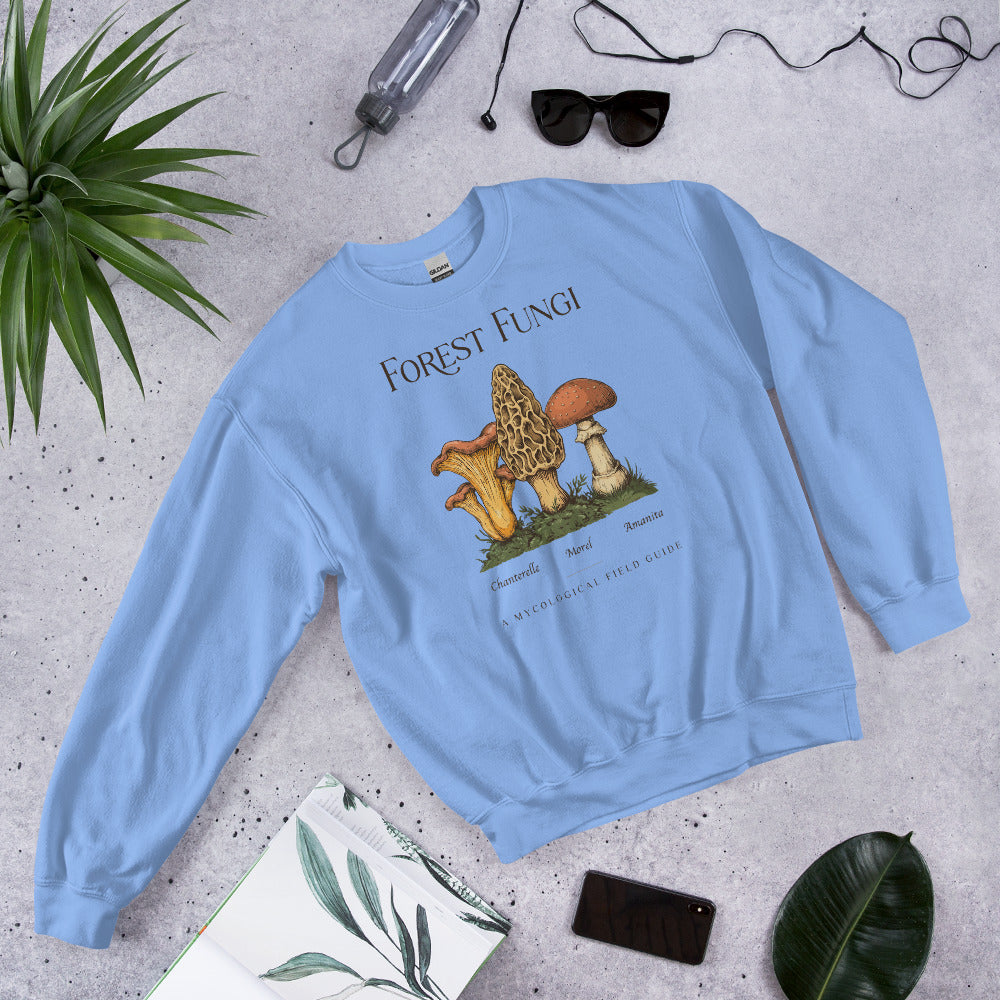 Forest Fungi vintage mushroom field guide crewneck — Carolina Blue, flat lay