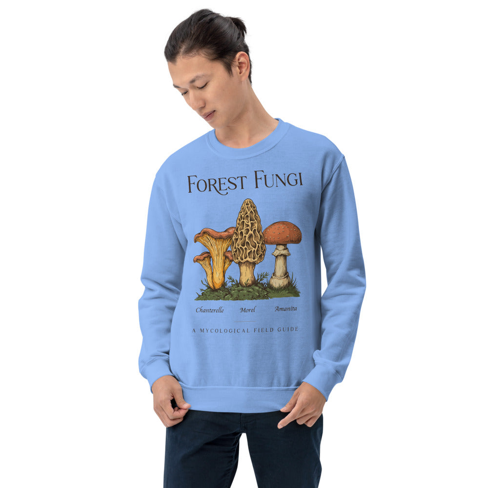 Forest Fungi vintage mushroom field guide crewneck — Carolina Blue, on model