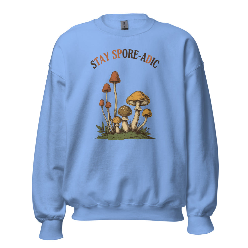 Stay Spore-adic funny vintage mushroom crewneck — Carolina Blue, front