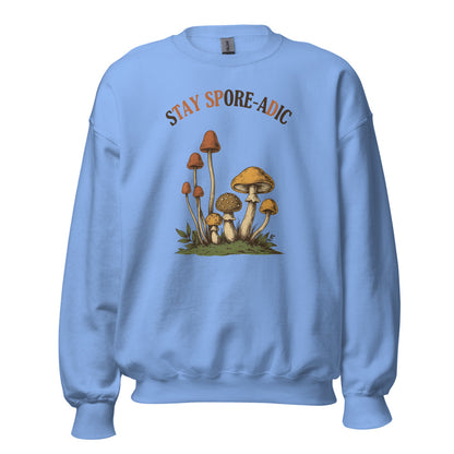 Stay Spore-adic funny vintage mushroom crewneck — Carolina Blue, front