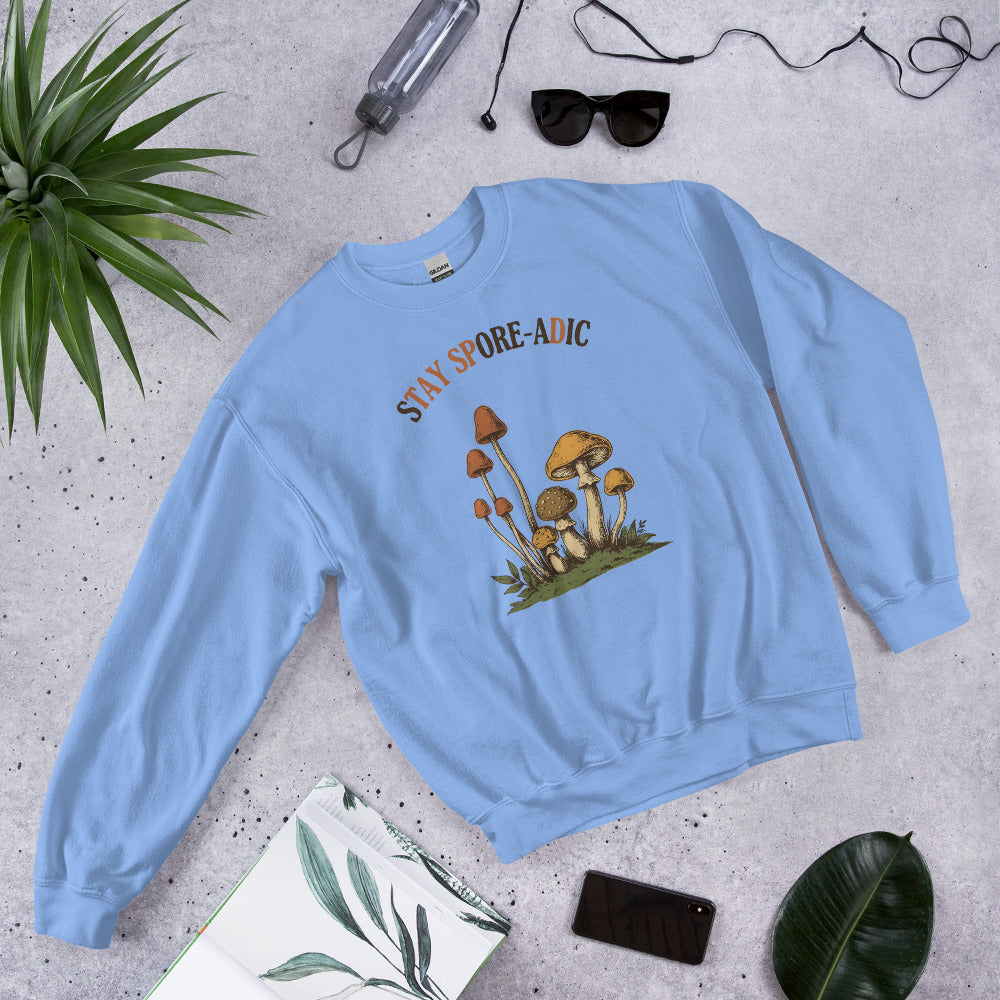 Stay Spore-adic funny vintage mushroom crewneck — Carolina Blue, flat lay