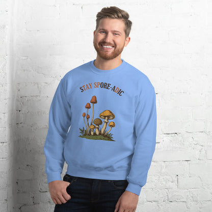 Stay Spore-adic funny vintage mushroom crewneck — Carolina Blue, on model