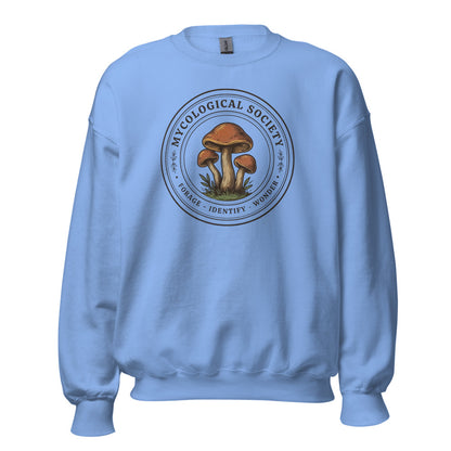 Mushroom Foraging Mycological Society vintage botanical crewneck — Carolina Blue, front