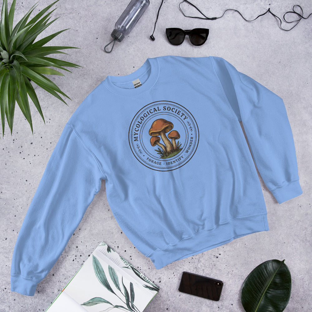 Mushroom Foraging Mycological Society vintage botanical crewneck — Carolina Blue, flat lay