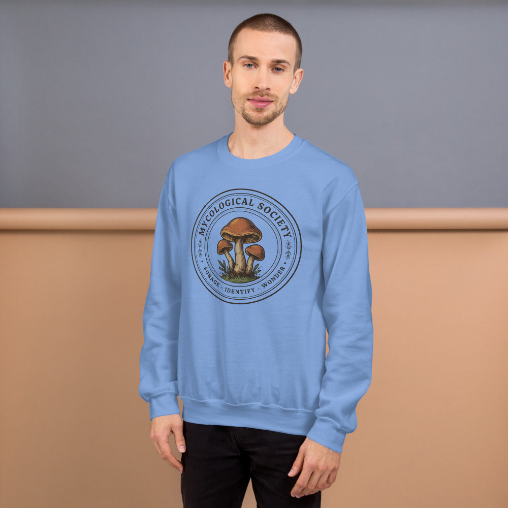 Mushroom Foraging Mycological Society vintage botanical crewneck — Carolina Blue, on model