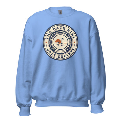 The Back Nine vintage golf roundel crewneck sweatshirt — Carolina Blue, front