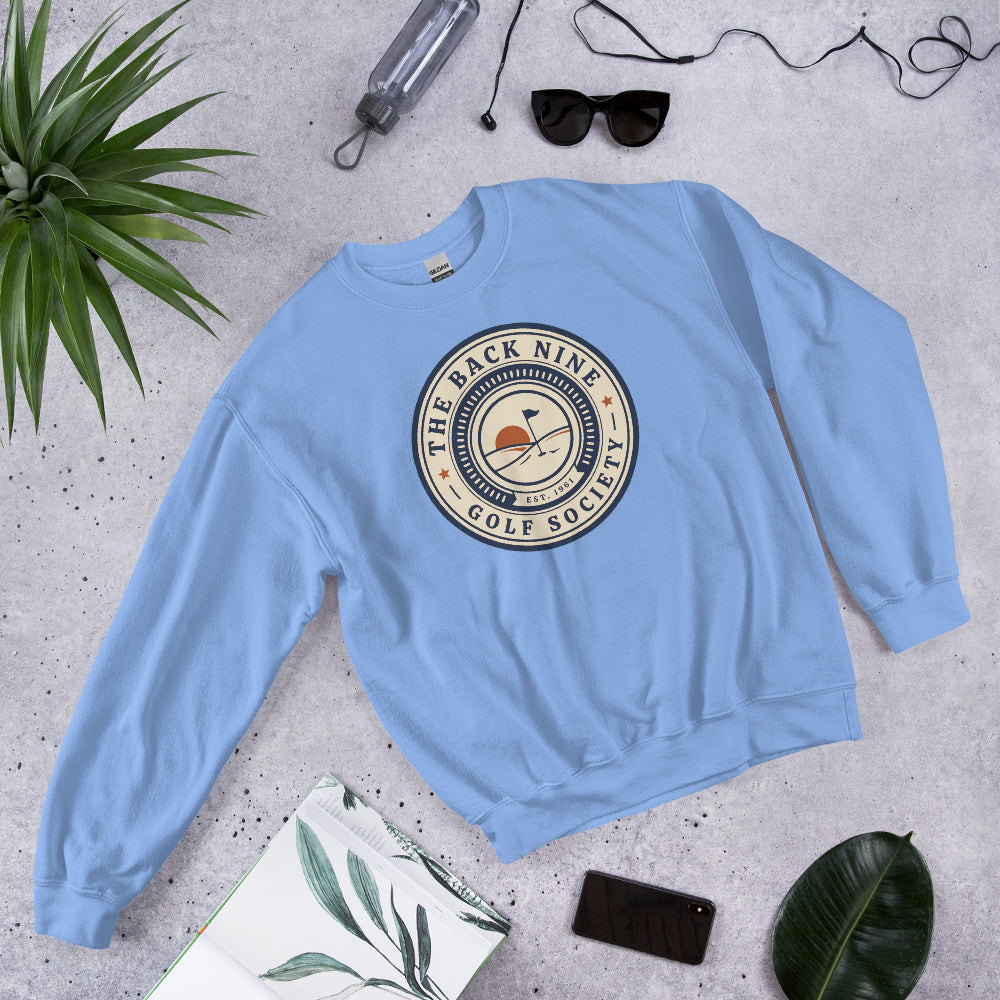 The Back Nine vintage golf roundel crewneck sweatshirt — Carolina Blue, flat lay