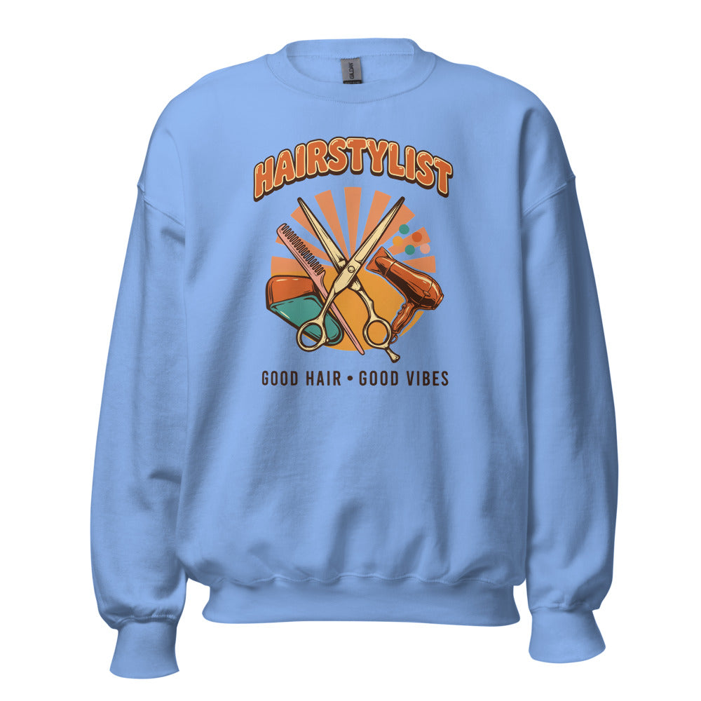 Retro Salon Hairstylist good hair good vibes crewneck — Carolina Blue, front