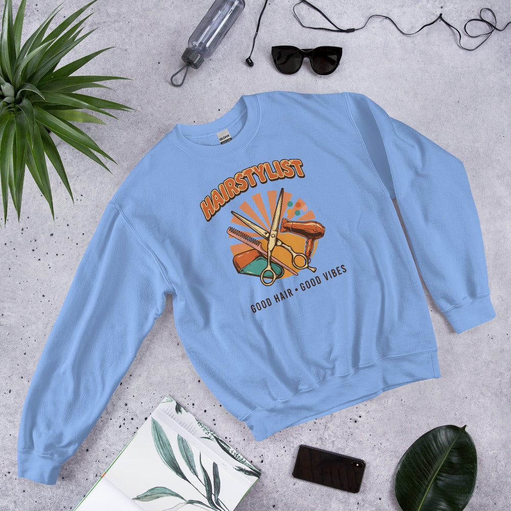 Retro Salon Hairstylist good hair good vibes crewneck — Carolina Blue, flat lay