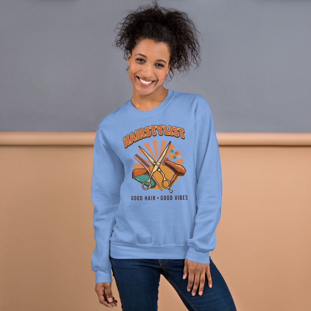 Retro Salon Hairstylist good hair good vibes crewneck — Carolina Blue, on model