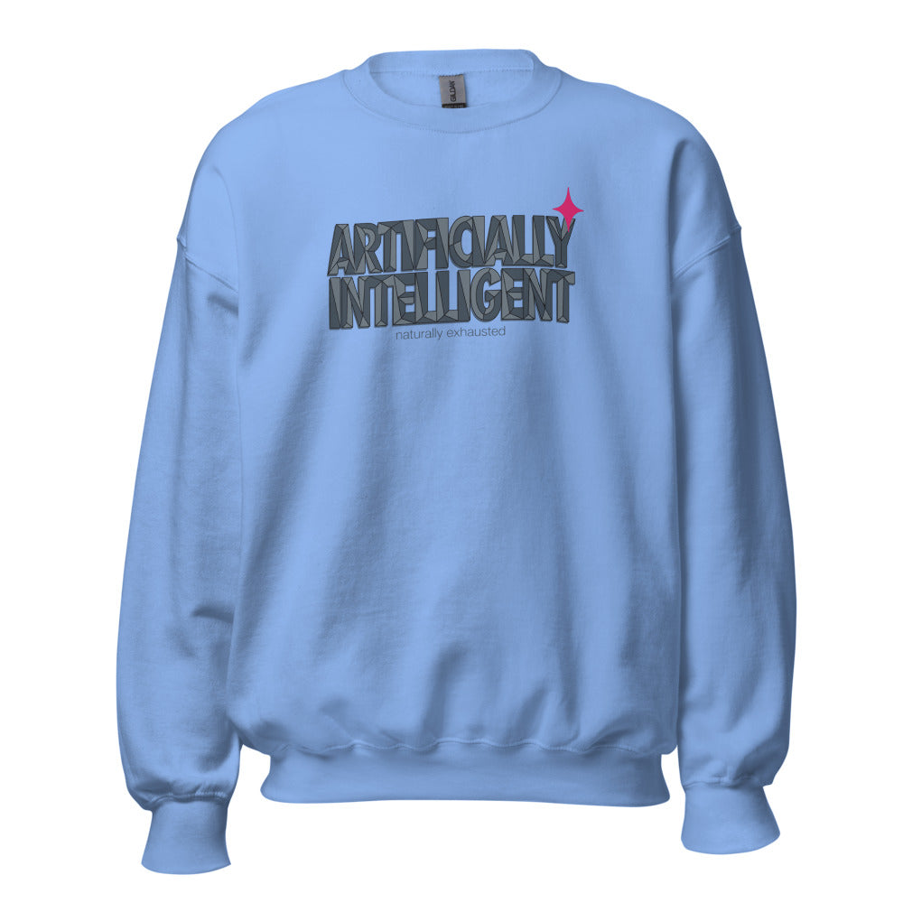 Artificially Intelligent funny AI crewneck sweatshirt — Carolina Blue, front