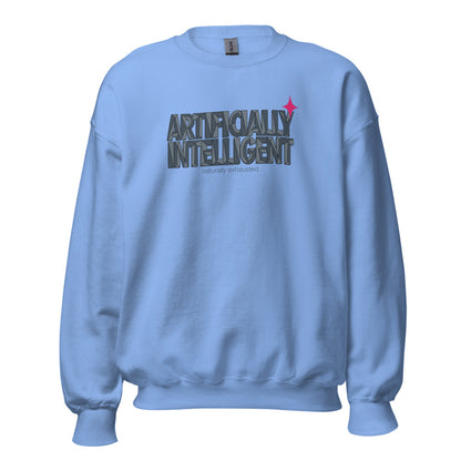 Artificially Intelligent funny AI crewneck sweatshirt — Carolina Blue, front