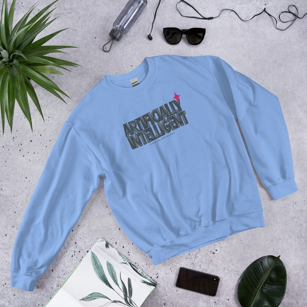 Artificially Intelligent funny AI crewneck sweatshirt — Carolina Blue, flat lay