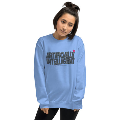 Artificially Intelligent funny AI crewneck sweatshirt — Carolina Blue, on model