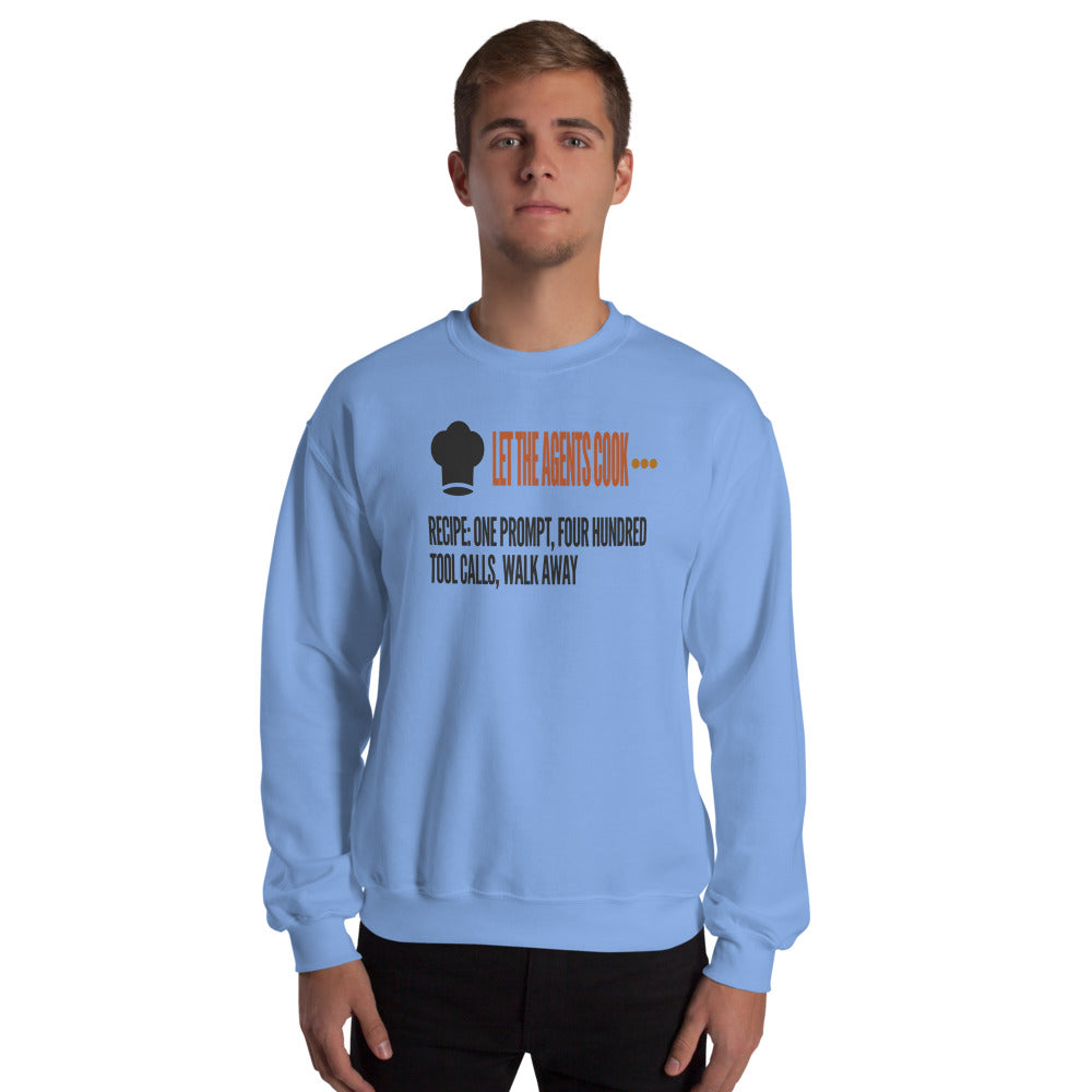 Let The Agents Cook crewneck sweatshirt — Carolina Blue, on model