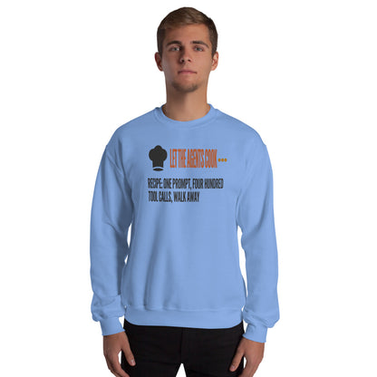 Let The Agents Cook crewneck sweatshirt — Carolina Blue, on model
