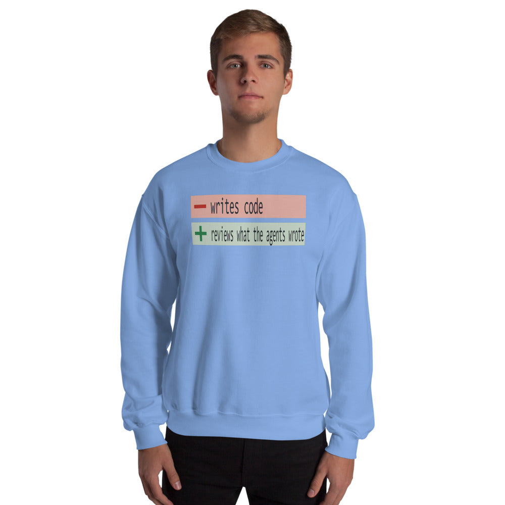 The Diff agentic AI engineer crewneck sweatshirt — Carolina Blue, on model