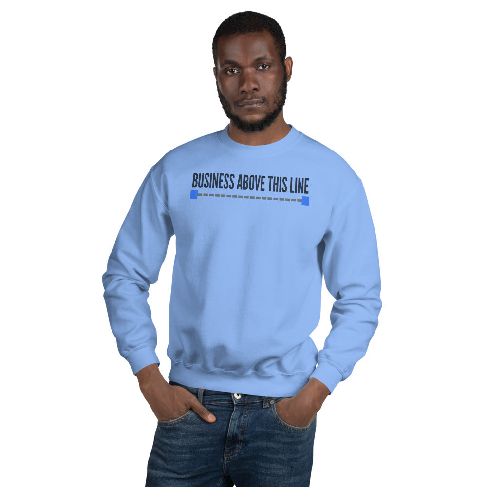 Business Above This Line crewneck sweatshirt — Carolina Blue, on model
