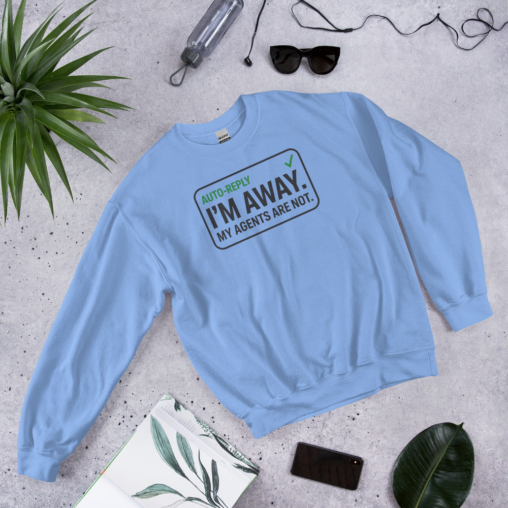 Auto-Reply agentic AI engineer crewneck sweatshirt — Carolina Blue, flat lay