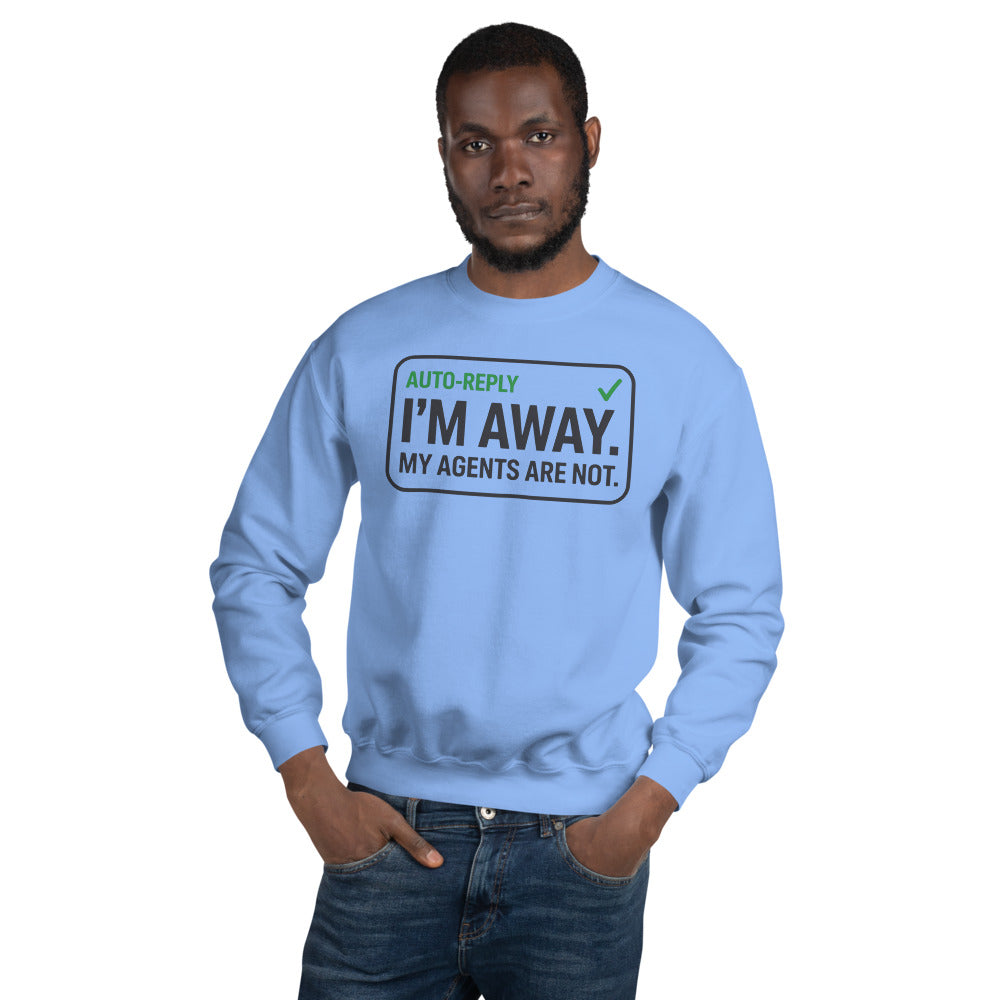 Auto-Reply agentic AI engineer crewneck sweatshirt — Carolina Blue, on model