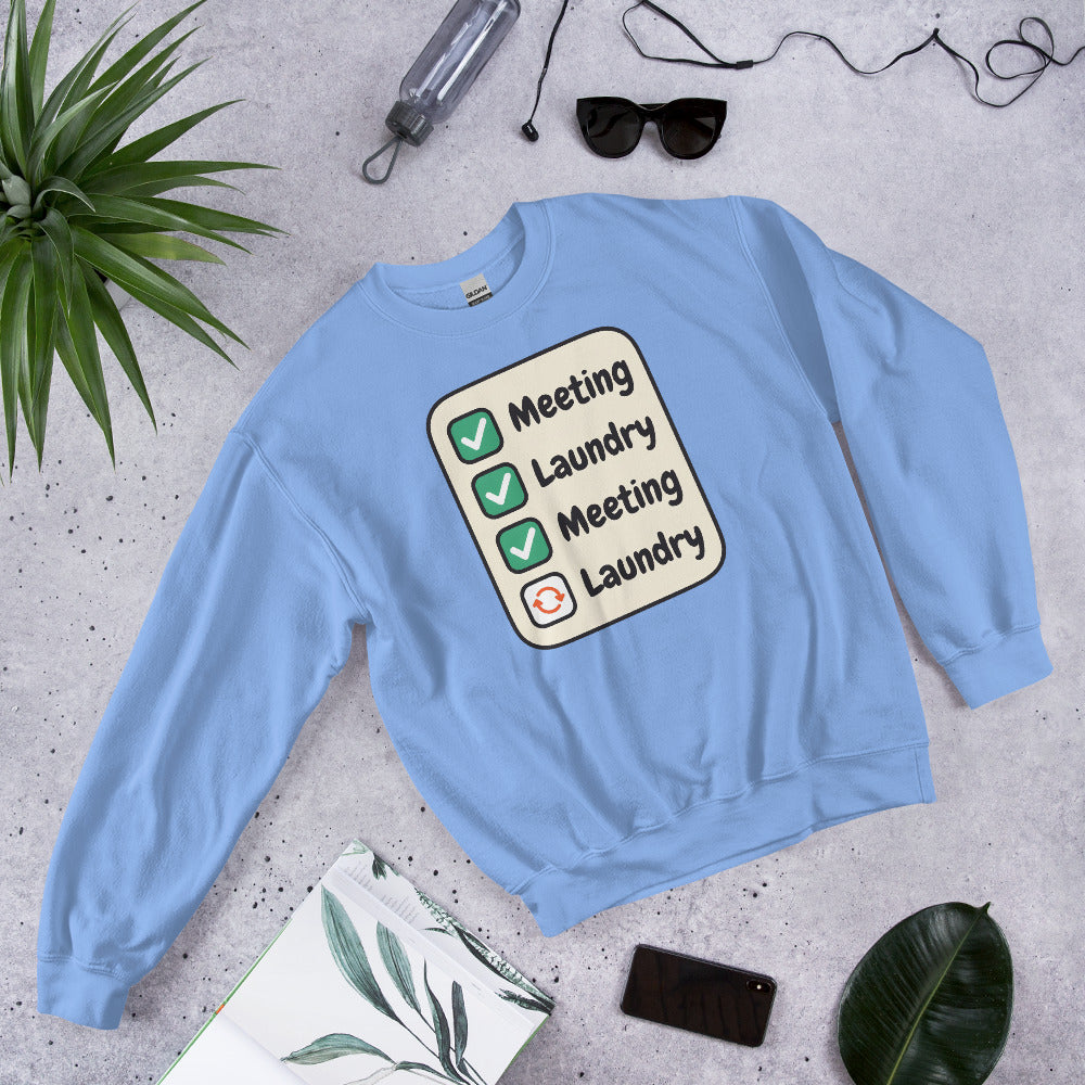 Meeting Laundry funny work from home crewneck sweatshirt — Carolina Blue, flat lay
