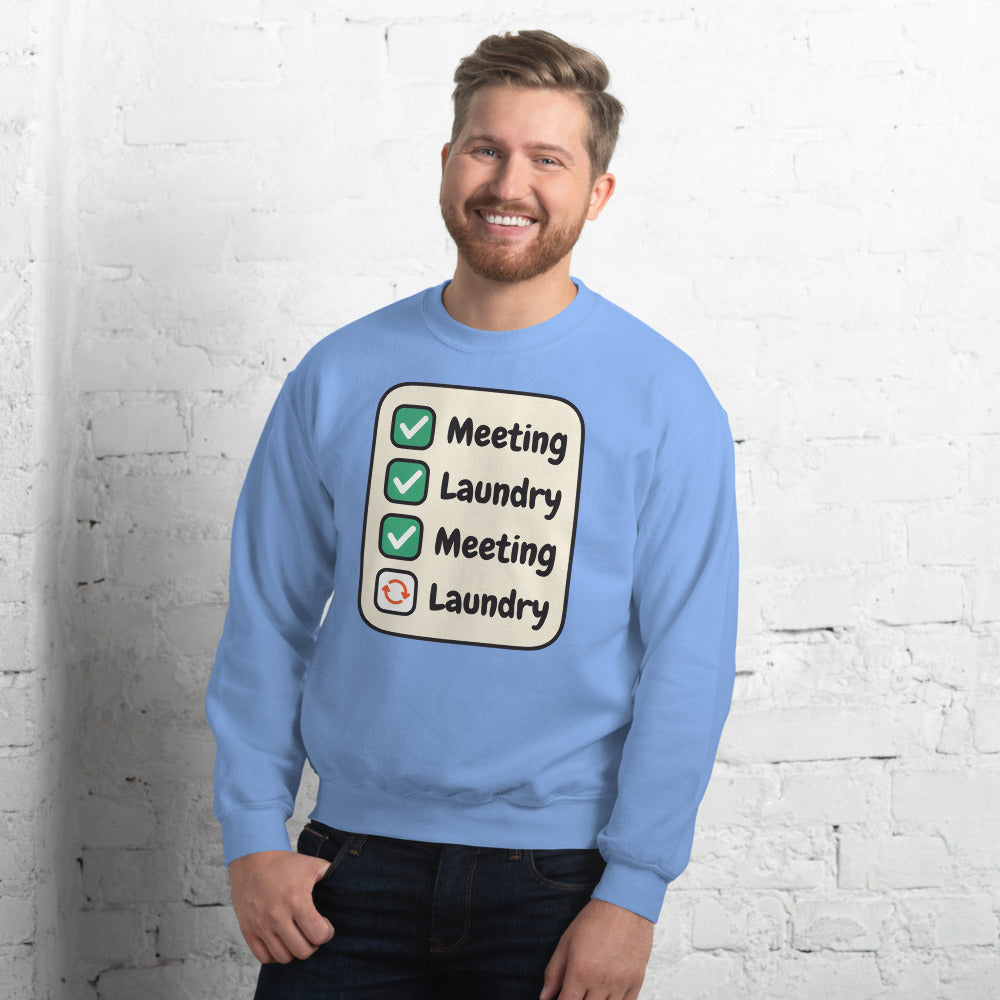 Meeting Laundry funny work from home crewneck sweatshirt — Carolina Blue, on model