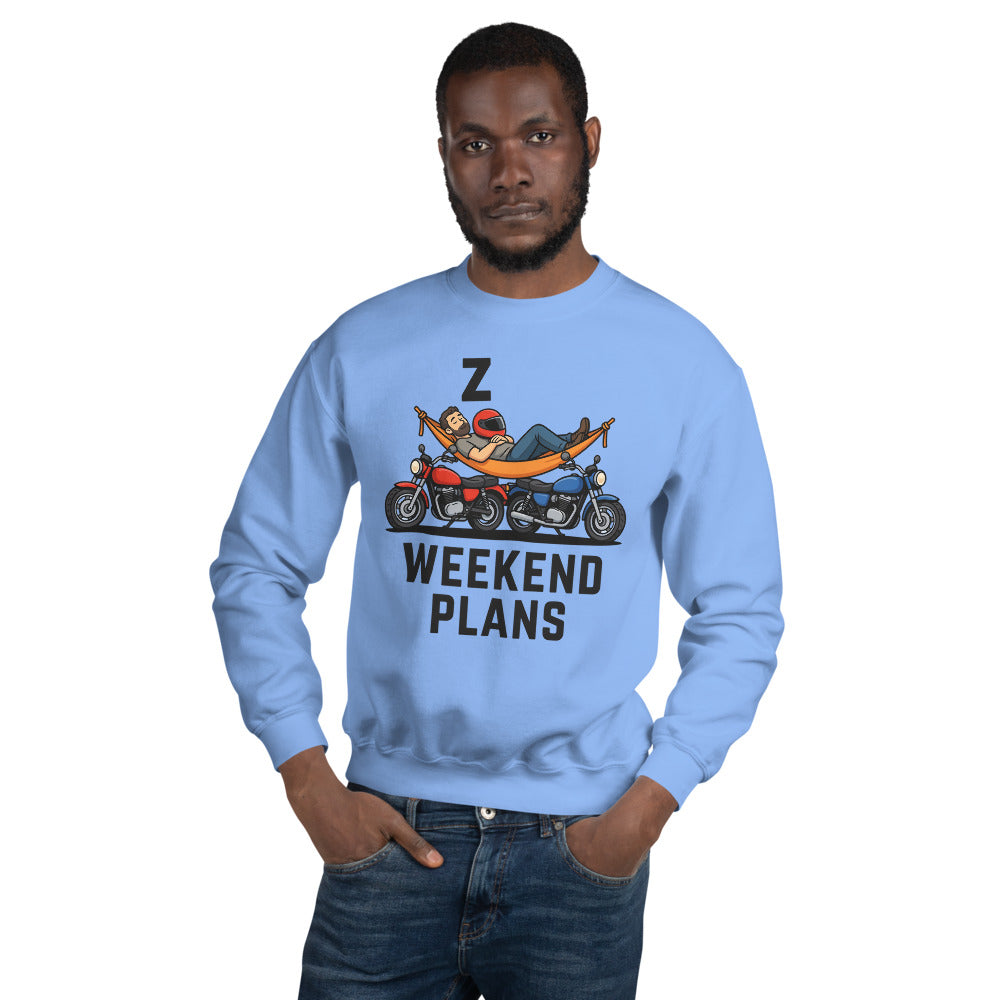 Weekend Plans funny motorcycle dad crewneck sweatshirt — Carolina Blue, on model