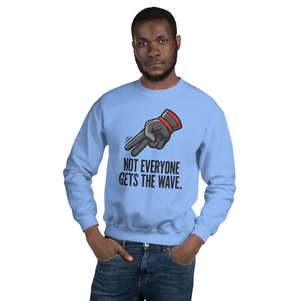 Not Everyone Gets The Wave biker wave motorcycle crewneck sweatshirt — Carolina Blue, on model
