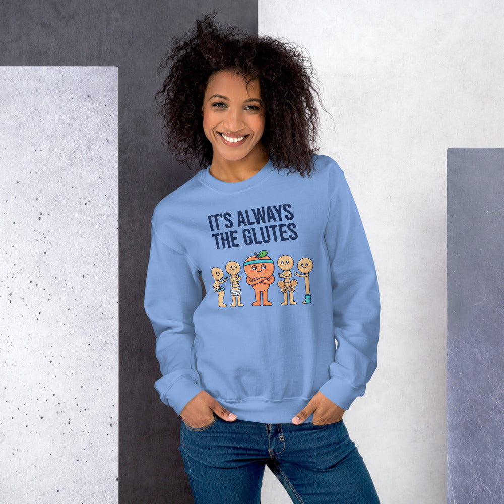 Always The Glutes funny physical therapy crewneck sweatshirt — Carolina Blue, on model