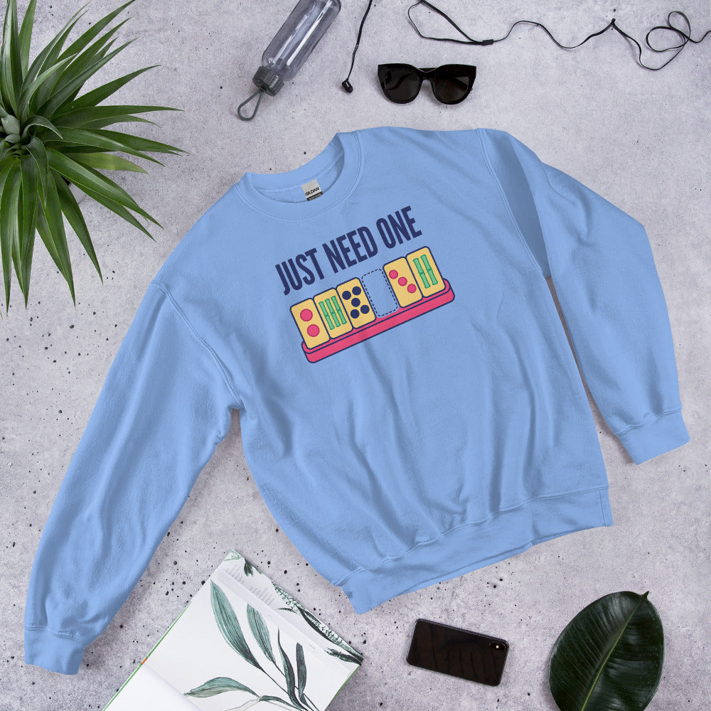 Just Need One funny mahjong crewneck sweatshirt — Carolina Blue, flat lay