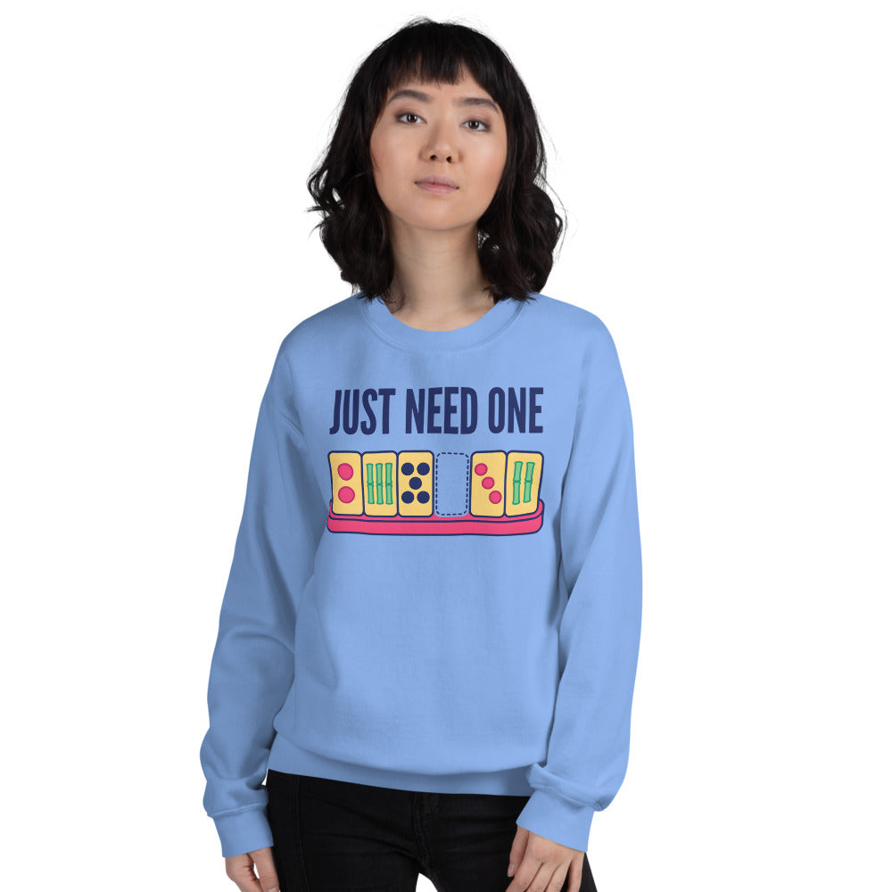 Just Need One funny mahjong crewneck sweatshirt — Carolina Blue, on model